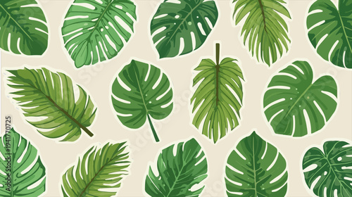 A vibrant vector template set featuring a collection of sticker green tropical palm leaves in a flat design style with bold lines and solid colors