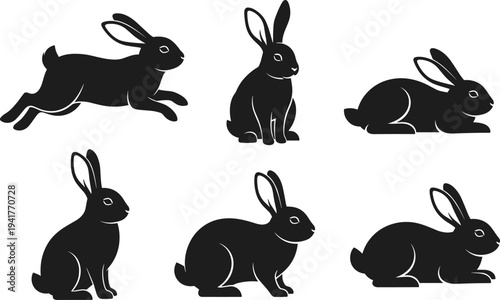 Six black rabbit silhouettes on white background rabbits black silhouettes animal bunny cartoon style