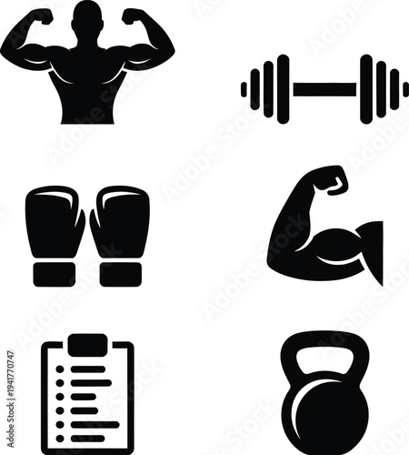 Icon set representing various aspects of strength training and fitness routines