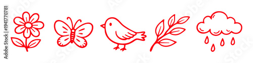 Set of cute red hand-drawn nature icons including a flower, butterfly, bird, leaf branch, and rain cloud. Minimalist doodle style vector illustrations on a white background.