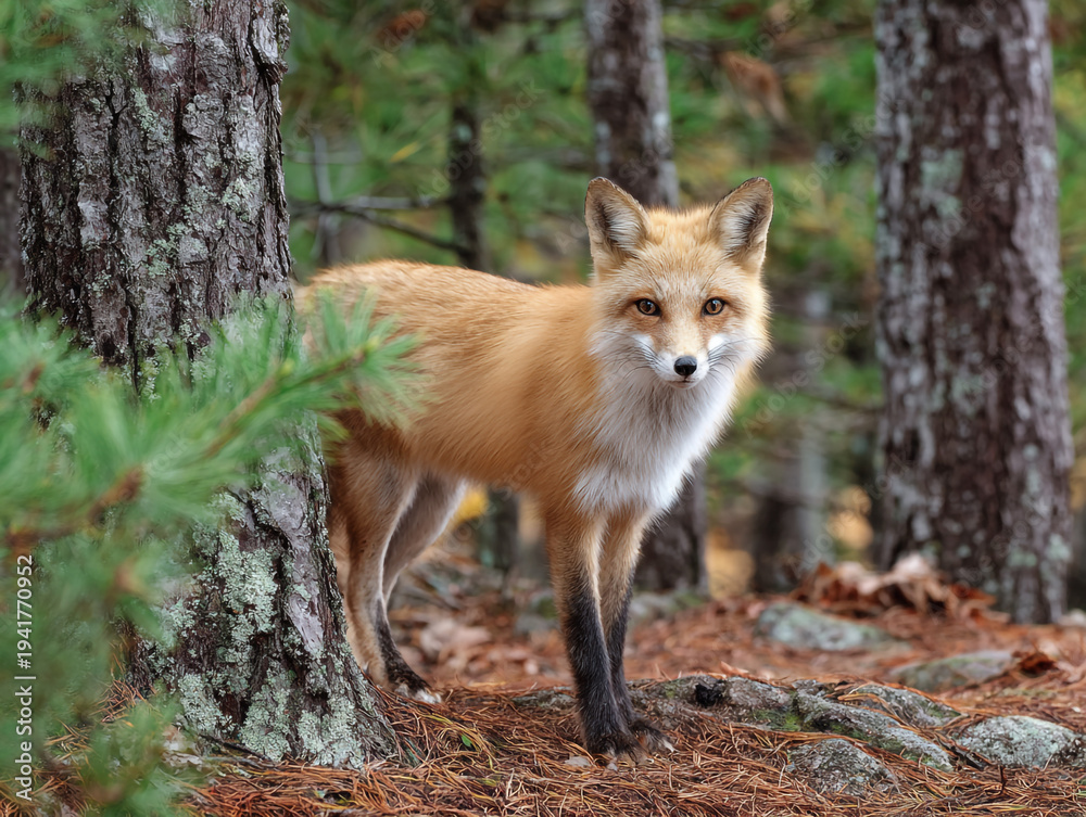 Naklejka premium A stunning red fox with a fluffy tail stands in an autumn pine forest, gazing directly at the camera. The scene features soft natural lighting, earthy forest floor textures, and blurred trees.
