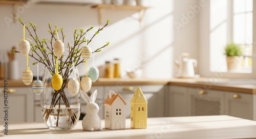 Easter Kitchen Decor: A sunny, inviting kitchen interior is adorned with festive decorations, including hanging Easter eggs on a budding branch, miniature houses, and a charming bunny figurine.