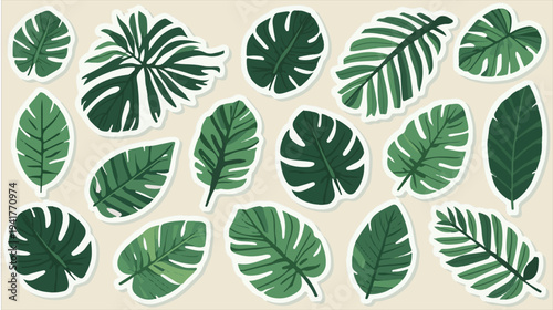 A vibrant vector template set featuring a collection of sticker green tropical palm leaves in a flat design style with bold lines and solid colors