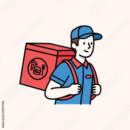 A cartoon person in a blue shirt and cap delivers food with a red insulated backpack, showing food icons