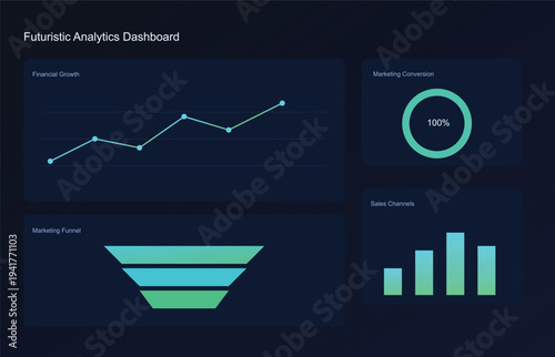A futuristic analytics dashboard with various charts and graphs on a dark background
