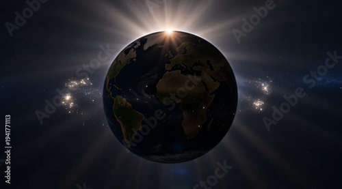 Planet Earth with cosmic particle effects around it, slow rotation, sunlight coming from behind the planet, dramatic silhouette, ultra HD, sharp details.