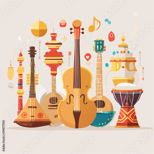 Vibrant Collection of Diverse Musical Instruments from Around the World, Celebrating Global Culture and Harmony with Notes