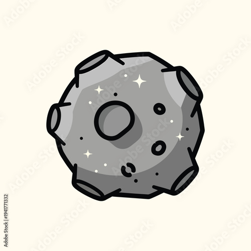 A cartoon illustration of an asteroid with craters and stars. The image uses grayscale with black outlines. The background is cream-colored