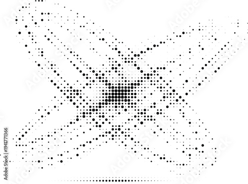 Abstract atomic structure halftone design concept with black dots texture and intersecting orbital paths for modern scientific and technical graphics.