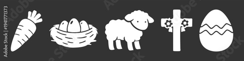 Set of white Easter icons including a carrot, nest with eggs, lamb, cross, and decorated egg on a dark background. Minimalist vector illustration for holiday greeting cards and spring designs.