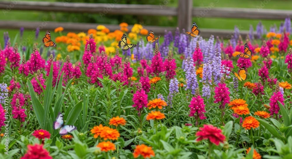 Fototapeta premium Floral Symphony: A vibrant floral display of vivid colors, accompanied by gracefully fluttering butterflies, creating a harmonious and enchanting garden scene.