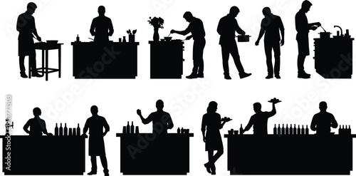 Chef and bartender silhouettes cooking mixing drinks and preparing food at kitchen and bar counters