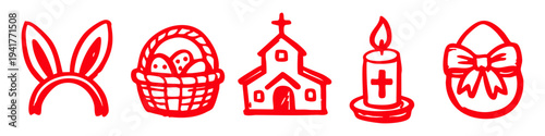 Set of red hand-drawn Easter icons including bunny ears, a basket with eggs, a church, a liturgical candle, and a decorated egg with a bow. Simple doodle style for festive designs.