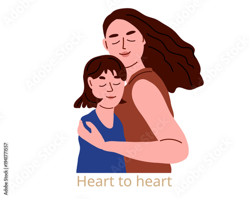 Tender mother daughter bonding moment. Woman embraces her teenage daughter with closed eyes, both overcome with warm emotions. Intimate family scene. Heart to heart lettering. Flat vector illustration