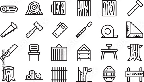 Black and white of woodworking tools and furniture in a workshop setting hammer