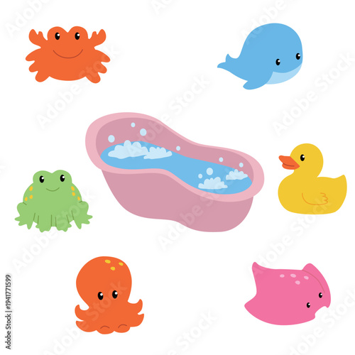 Baby Bath Set. Cartoon kids bathrooms toys for little one.  Vector elements on white background