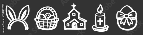 Set of hand-drawn white Easter icons on a dark background, including bunny ears, egg basket, church building, religious candle, and a decorated egg with a bow. Minimalist festive line art.