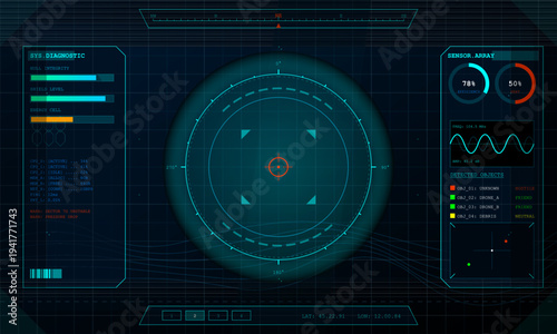 A futuristic digital heads-up display interface featuring a circular