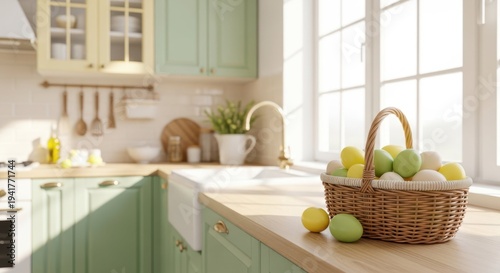 Easter Eggs in Cozy Kitchen: A vibrant basket overflows with colorful eggs, gracing a sunlit countertop. This heartwarming scene captures the essence of spring.