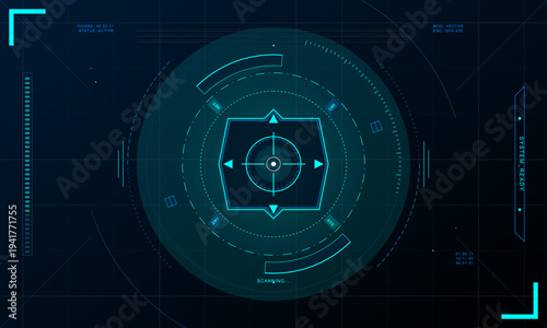 A futuristic digital HUD interface featuring glowing cyan concentric