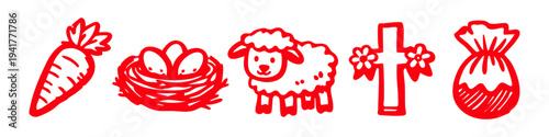 Hand-drawn red Easter icon set featuring a carrot, bird's nest with eggs, a cute lamb, a flowered cross, and a gift sack. Simple doodle style for holiday decorations and greeting cards.