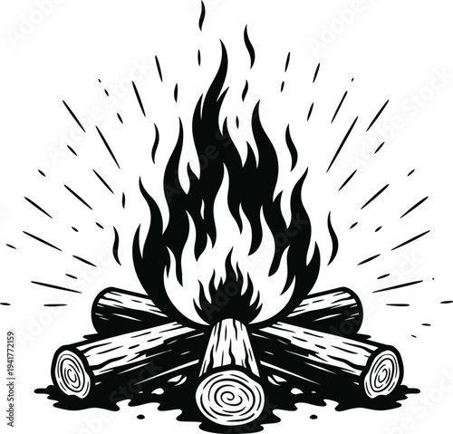 A black and white illustration of a burning campfire with logs