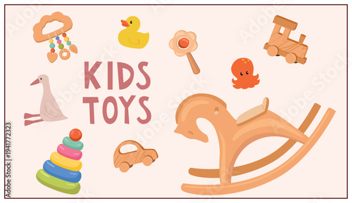 Poster with collection of different toys on beige background. Vector illustration 