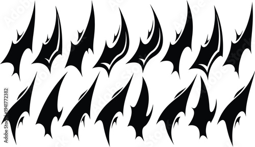 Collection of 15 identical black flame designs on white background