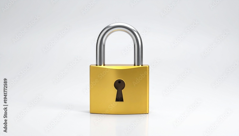 Naklejka premium Gold Padlock Close Up on White Background Symbolizing Security and Protection in Business or Personal Life.