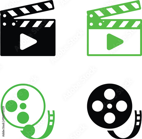 Four distinct icons representing various aspects of film and video media