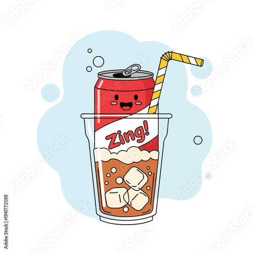 A cartoon image depicting a can with a face, partially submerged in a drink with ice cubes in a glass, with a striped straw