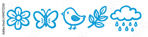 Set of minimalist blue hand-drawn nature icons including a flower, butterfly, bird, leaf, and rain cloud. Simple doodle illustrations perfect for eco-friendly or children's designs.
