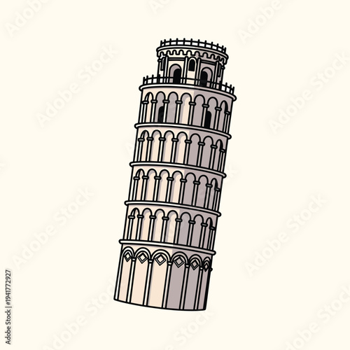 A cartoon illustration of a famous, leaning tower, with arched windows. It's beige with black outlines against a pale backdrop
