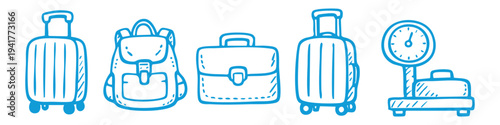 Blue hand-drawn travel luggage icons including suitcases, a backpack, a briefcase, and a weighing scale, isolated on white.