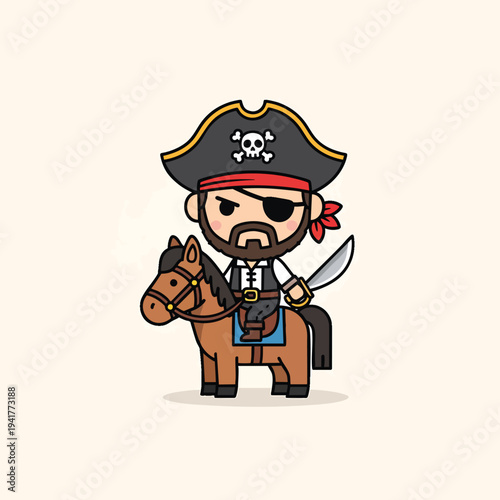 A cartoon pirate, wearing a hat with a skull and crossbones, rides a horse. He has an eyepatch and holds a sword