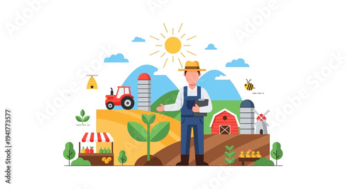 Flat Design Farmer Illustration on Sustainable Agriculture Farm. Rural Landscape with Tractor, Crops, Barn, and Market Stall.