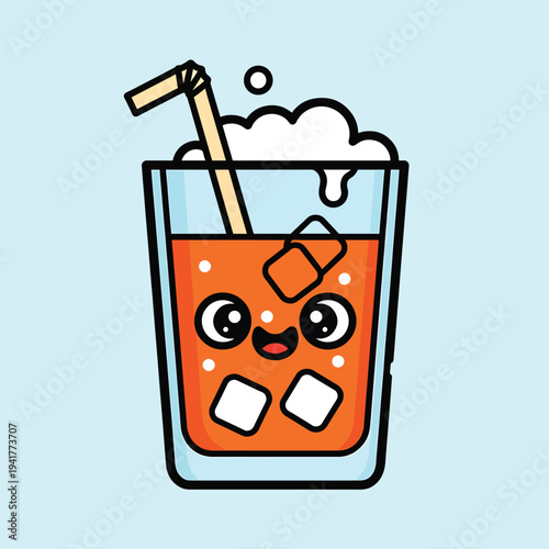 A cartoon image depicting a cute beverage with an animated face. It has a straw and ice cubes, and a frothy topping. The background is a light blue color