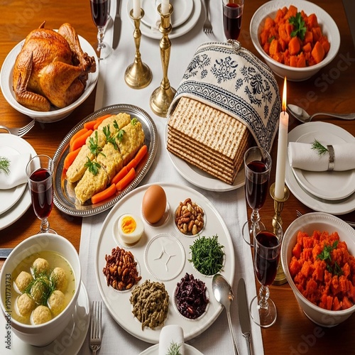 Traditional Passover Seder table setting with delicious food