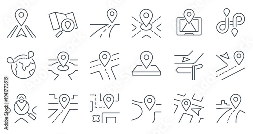 Route line icon. Path with location pointers, routes and directions navigation map with GPS markers, travel journey and trip street way. Vector route isolated set