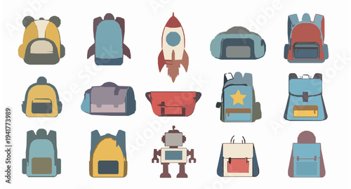 Set of kids backpacks vector illustration with playful school bags animal and rocket designs