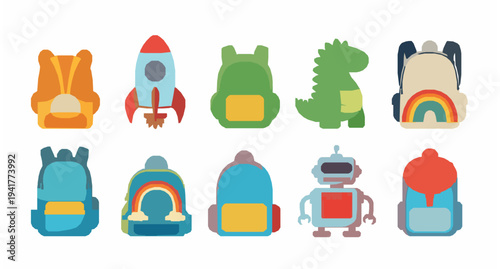 Colorful kids backpacks vector set with animal rocket and playful school bag designs