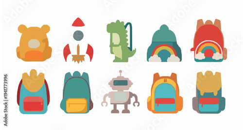 Kids school backpack collection vector with cute animal and fun bag designs isolated on white