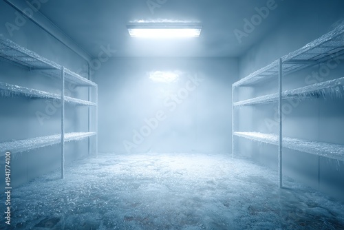 empty frosty freezer interior with ice buildup and copy space, background for freezing services, cold storage ads and offers.