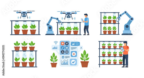 Smart Farming Automation Icons Set: Vertical Farm, Robotic Arm, Drone Technology, and IoT Data Management Systems for Modern Agriculture.