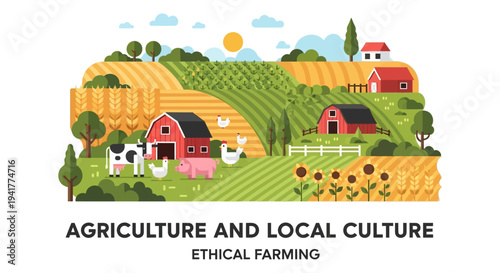 Sustainable Farm Landscape Illustration. Rural Agriculture Scene with Livestock (Cow, Pig, Chickens), Red Barns, and Growing Fields in Flat Design.