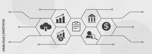 Minimalist line art illustration depicting a digital business and financial services network with icons for cloud, growth, reports, banking, analytics, search, and money.