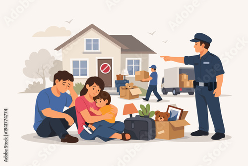 Stressed Young Family Being Evicted from Their Home Due to Foreclosure and Debt, Sad Parents with Child Sitting Outside with Belongings while Bailiff and Movers Clear House, Vector Illustration.
