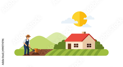 Farmer Tilling Soil Near Farmhouse: Rural Agricultural Work, Planting, and Gardening in Flat Design Vector Illustration.