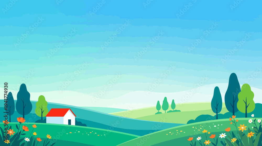 Fototapeta premium Peaceful Spring Landscape Illustration with Rolling Green Hills, Rural House, and Wildflowers under a Clear Blue Sky