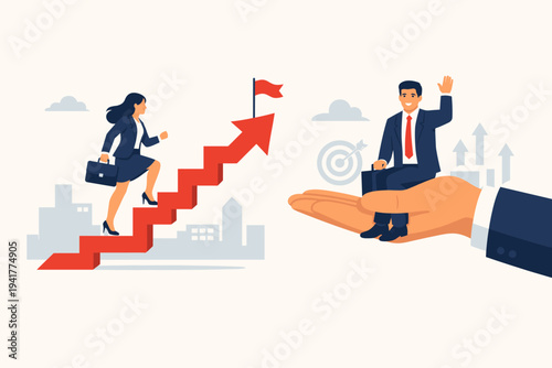 Vector illustration of a businesswoman climbing her own career path while a businessman is supported by a giant corporate hand, representing gender inequality, privilege, and unfair advantage.